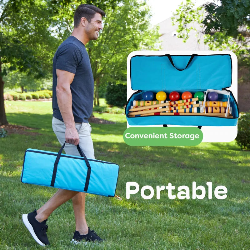 6-Player Croquet Set - Outdoor Games with Wood Mallets, Balls, Posts, Wickets, and Carry Case - Vintage Yard Games for Adults and Kids by Hey Play